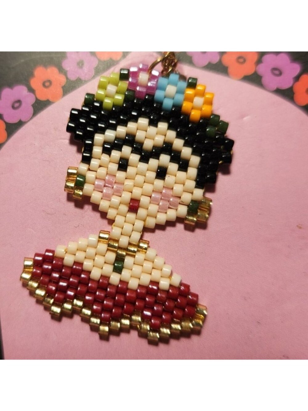 Frida Kahlo Necklace pendant seed bead Gold tone Chain art artsy tribute women